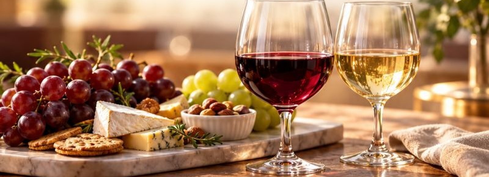 Red and white wine with grapes and cheese at Woodland Estates Wine Down event